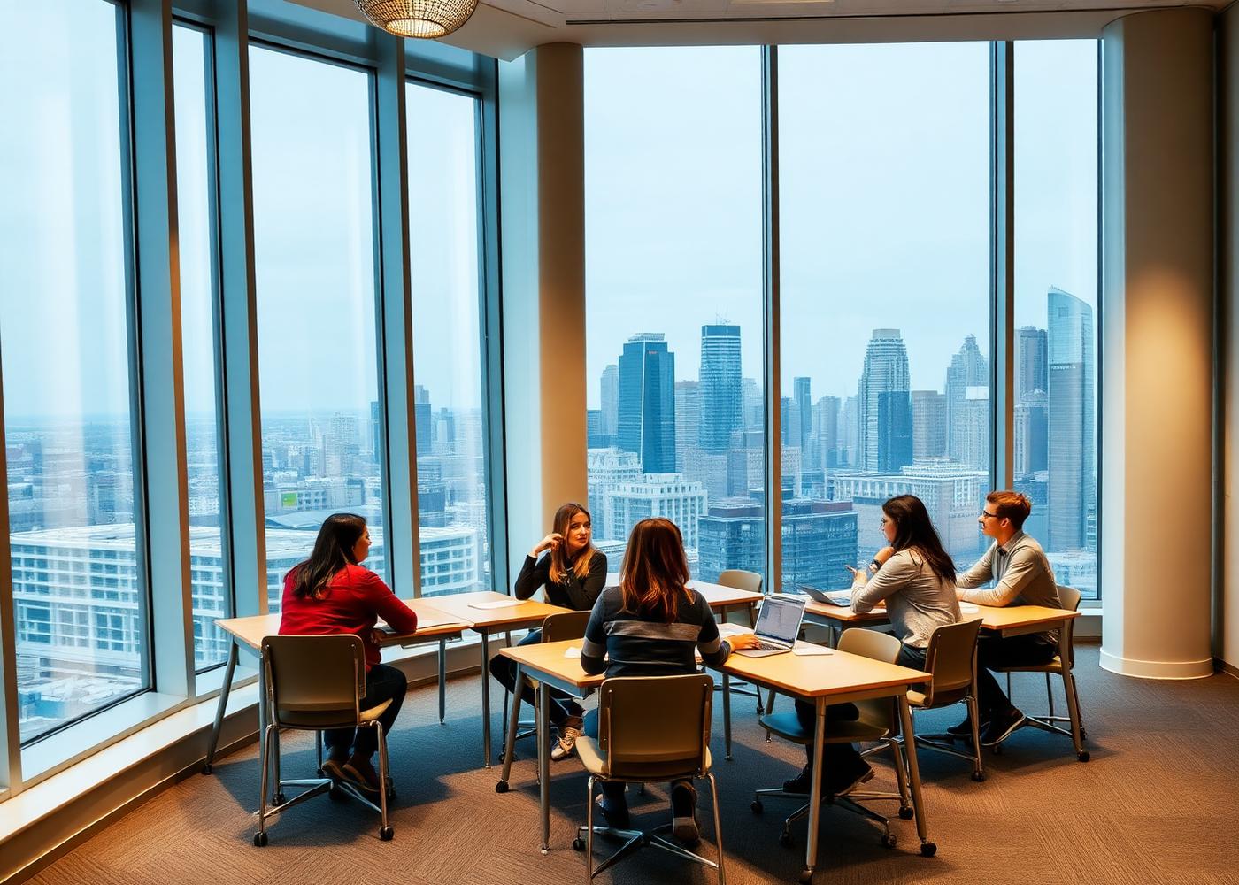 Students studying together in a modern space overlooking a Canadian city